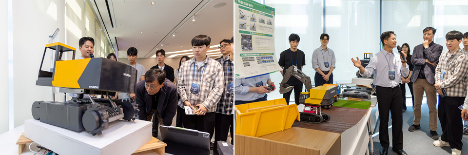 대상을 수상한 단국대학교 ‘감튀동호회’팀이 건설기계 상부체의 수평을 자동으로 조절하는 기술인 ‘상부 플랫폼 스마트 레벨링 시스템’을 발표하고 있다.