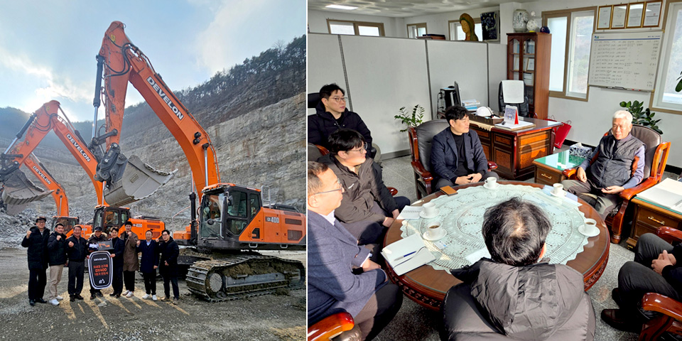 HD건설기계가 지난 1월 7일 경남 산청군 소재 무창산업에서 올해 신규로 출시한 디벨론 40톤급 차세대 신모델 굴착기 DX400 1호기의 인도식을 진행했다.